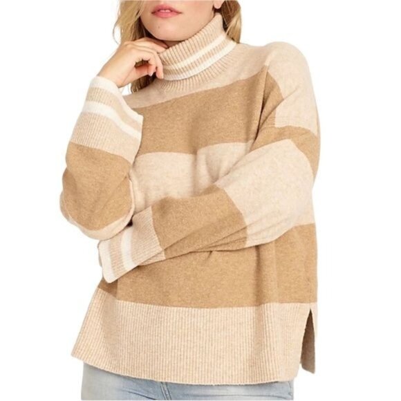 J. Crew Striped Turtleneck Sweater Supersoft Yarn Heather Linen Camel NWT - Picture 1 of 12